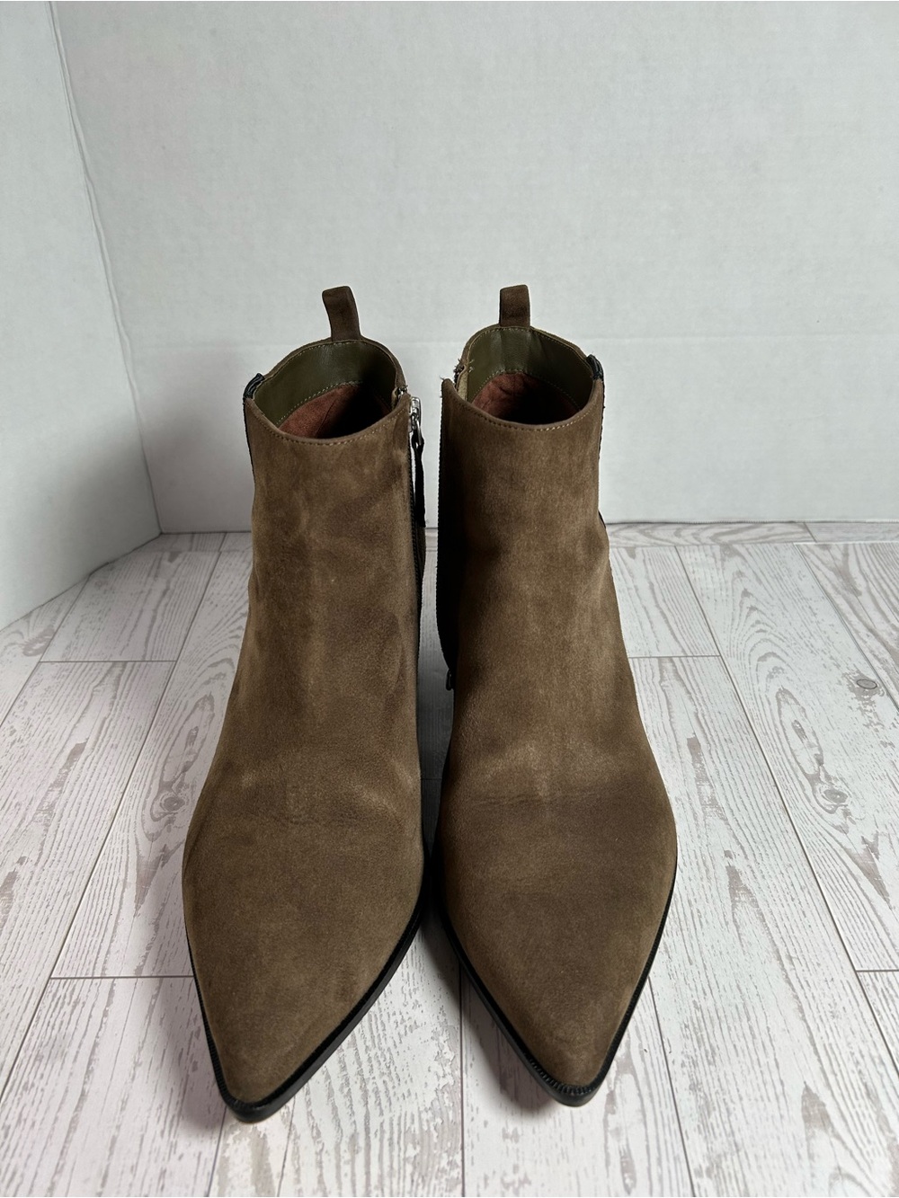 Paolo Olive Suede Pointed Toe Ankle Booties